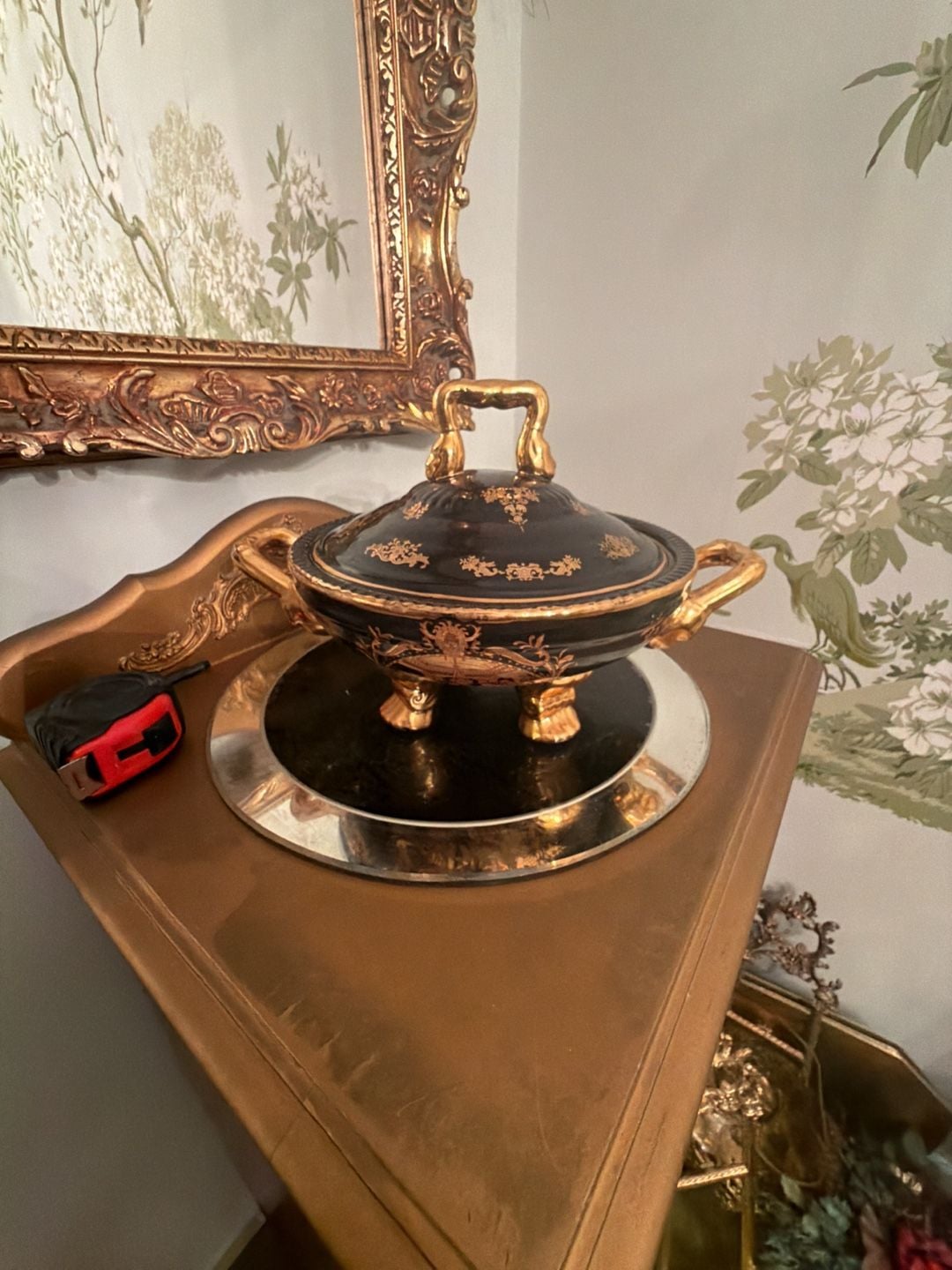 W.T. Fine Porcelain Limoges Tureen Black Gold Hand Painted Footed 1