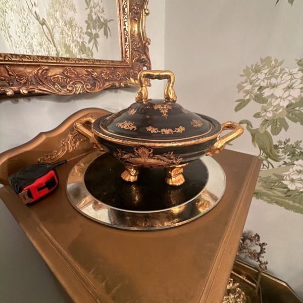 W.T. Fine Porcelain Limoges Tureen Black Gold Hand Painted Footed