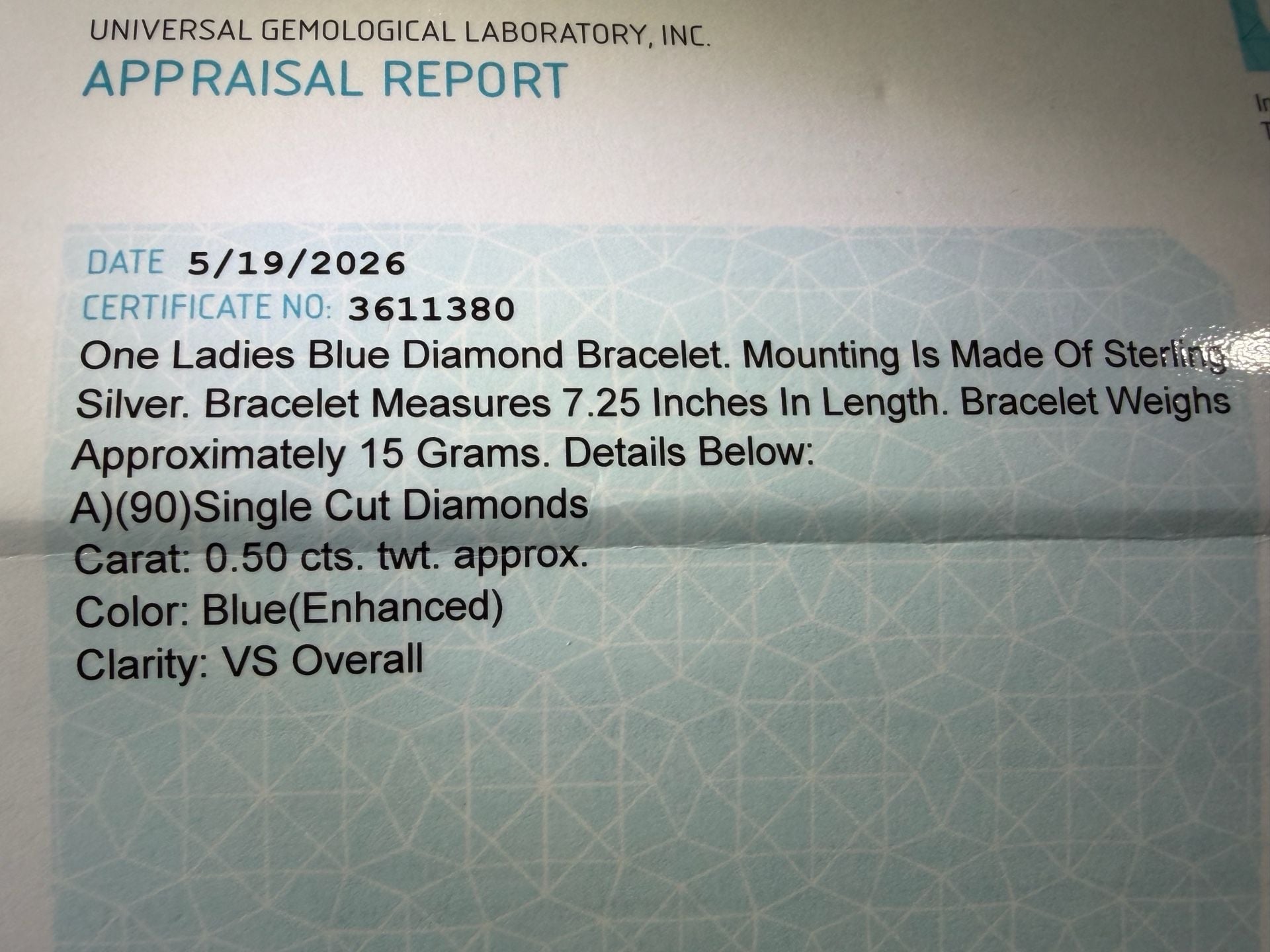 Universal Gemological Laboratory Blue Diamond Tennis Bracelet Size 7.25 Sterling 3