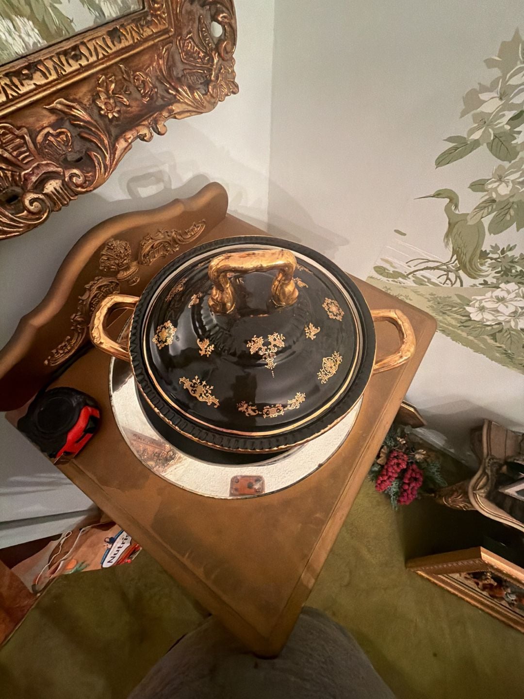 W.T. Fine Porcelain Limoges Tureen Black Gold Hand Painted Footed 2