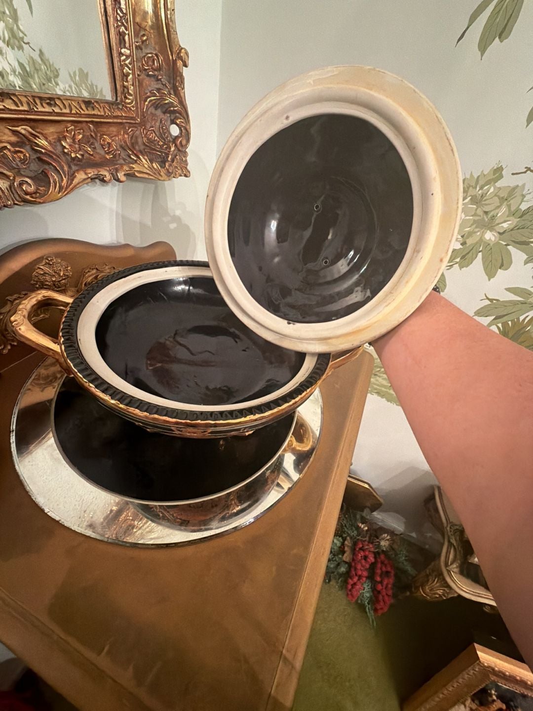W.T. Fine Porcelain Limoges Tureen Black Gold Hand Painted Footed 3