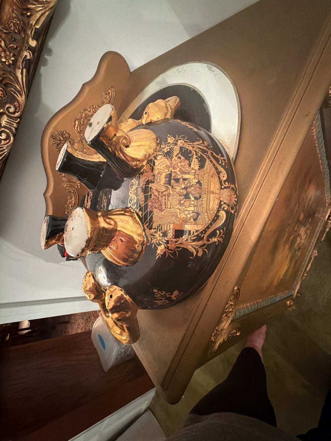 W.T. Fine Porcelain Limoges Tureen Black Gold Hand Painted Footed 5