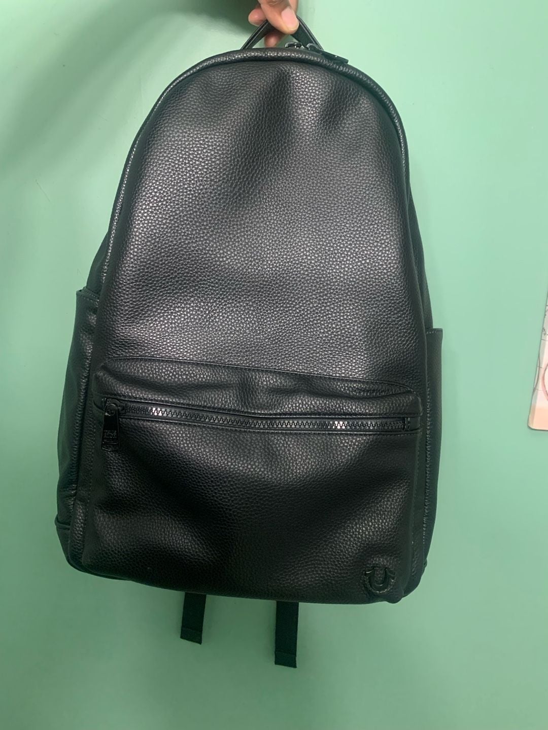 True Religion Black Faux Leather Backpack Laptop Pouch Excellent Condition 2