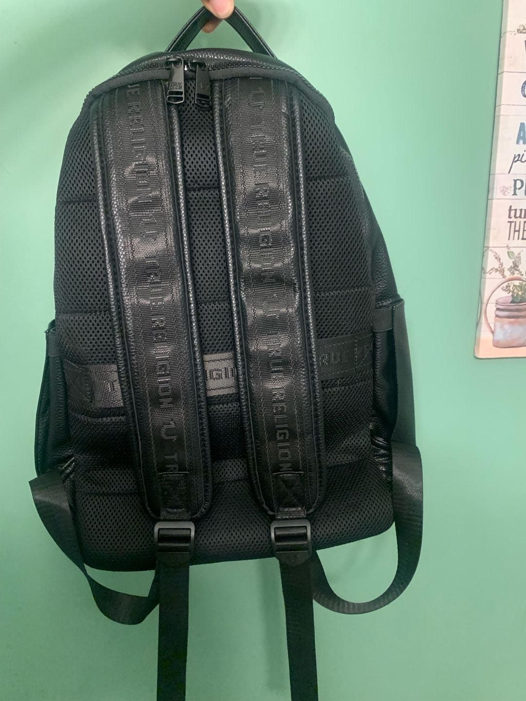 True Religion Black Faux Leather Backpack Laptop Pouch Excellent Condition 5