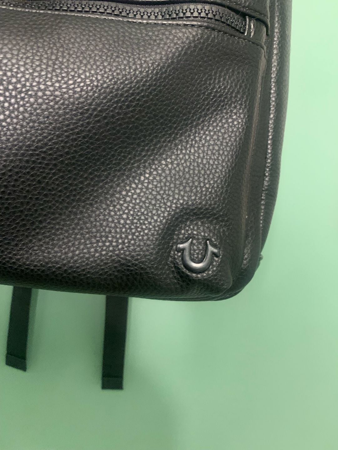 True Religion Black Faux Leather Backpack Laptop Pouch Excellent Condition 9