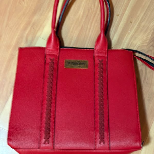 Wrangler Red Saffiano Vegan Leather Braided Whipstitch Tote Bag