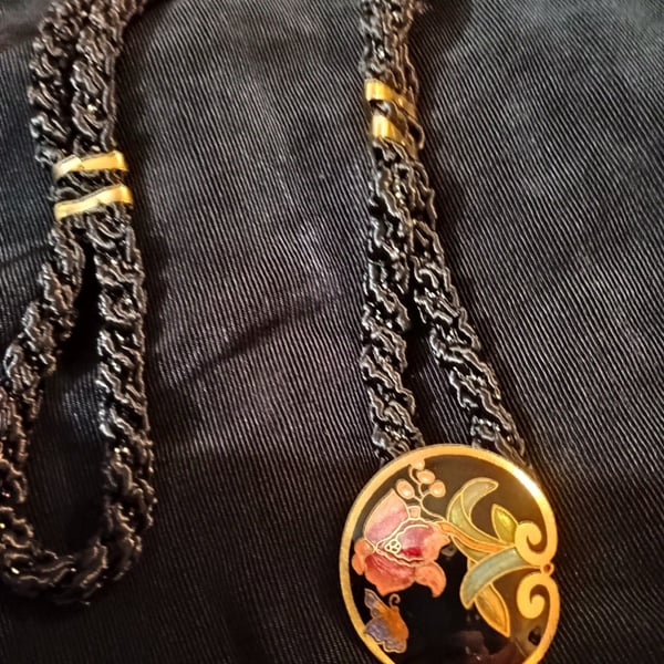Vintage Monet Cloisonne Floral Pendant Necklace Gold Tone