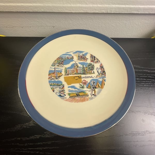 Vintage Montana State Souvenir Collector Plate Blue Trim