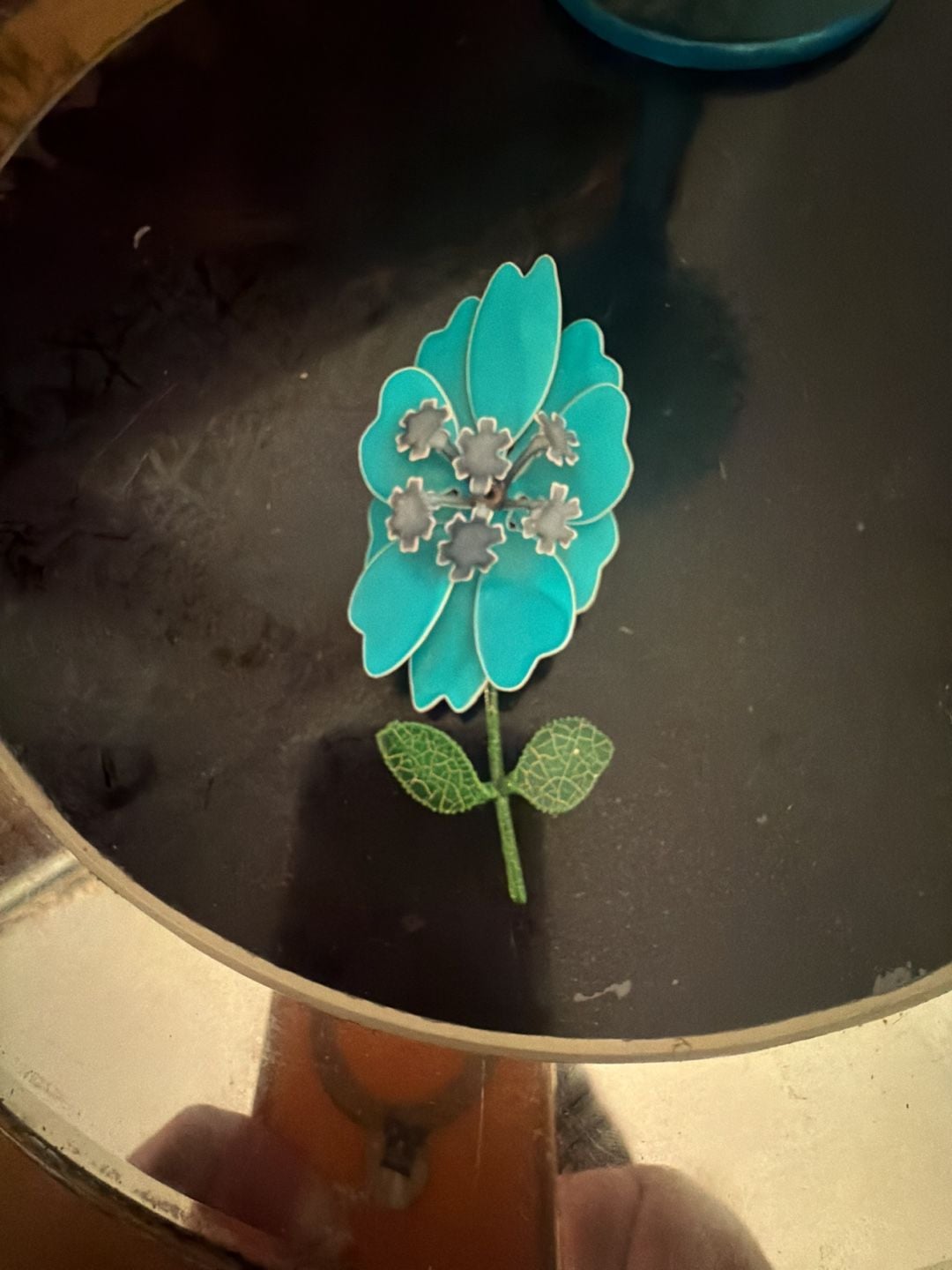 Vintage Mod Enamel Flower Brooch Turquoise Blue Green Stem 2