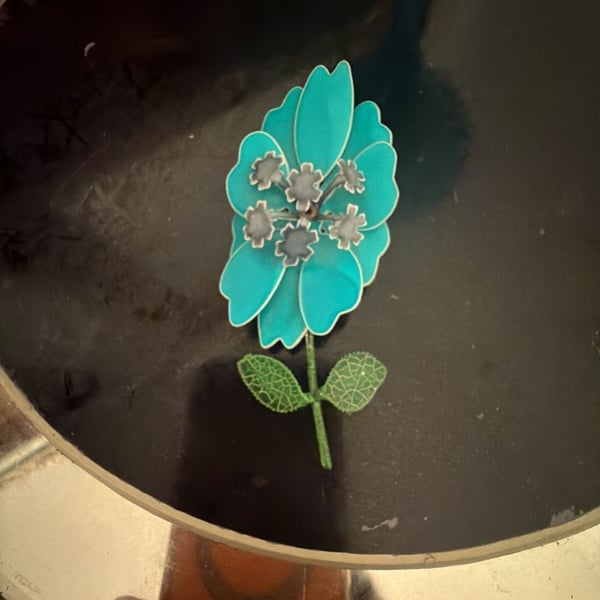 Vintage Mod Enamel Flower Brooch Turquoise Blue Green Stem