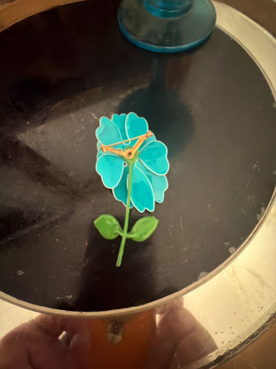 Vintage Mod Enamel Flower Brooch Turquoise Blue Green Stem 3