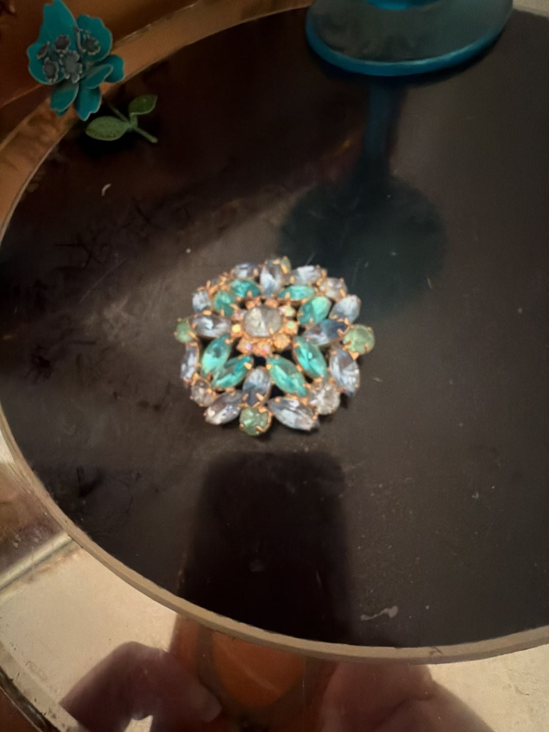 Vintage Blue and Green Rhinestone Floral Brooch 2