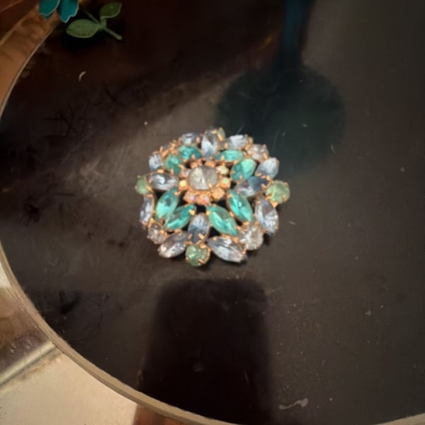 Vintage Blue and Green Rhinestone Floral Brooch