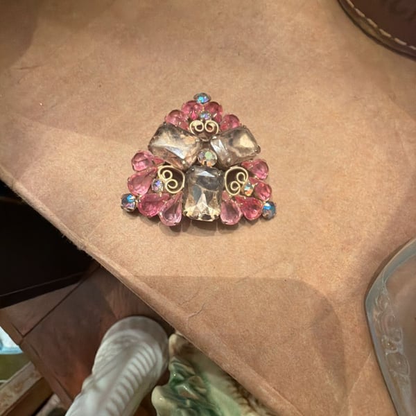 Vintage Rhinestone Brooch Pink and Clear Crystal Gold Tone