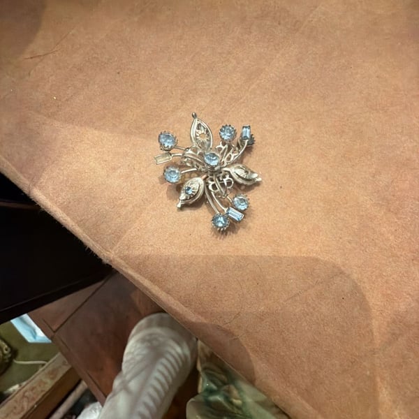 Vintage Silver Tone Blue Rhinestone Floral Brooch Pin