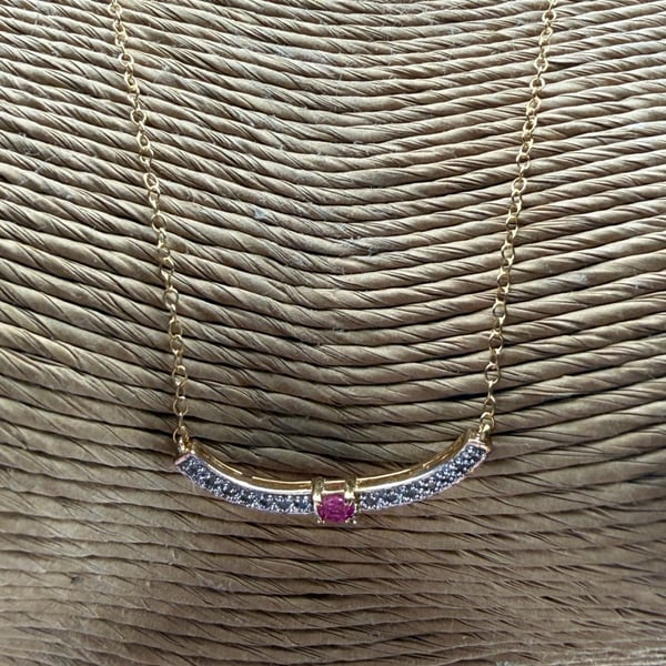 Ruby Diamond Curved Bar Necklace Sterling Silver Gold