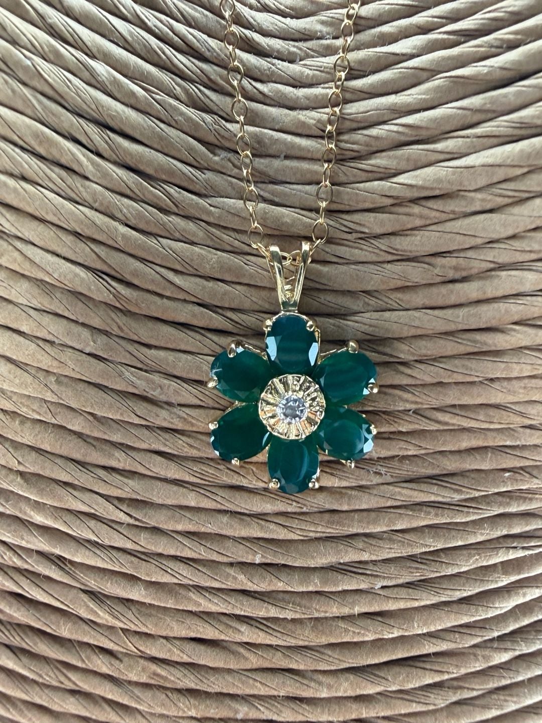 A.M.G. Green Agate & Diamond Flower Pendant Necklace Sterling Silver 2