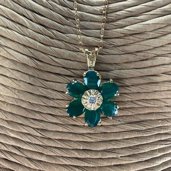 A.M.G. Green Agate & Diamond Flower Pendant Necklace Sterling Silver