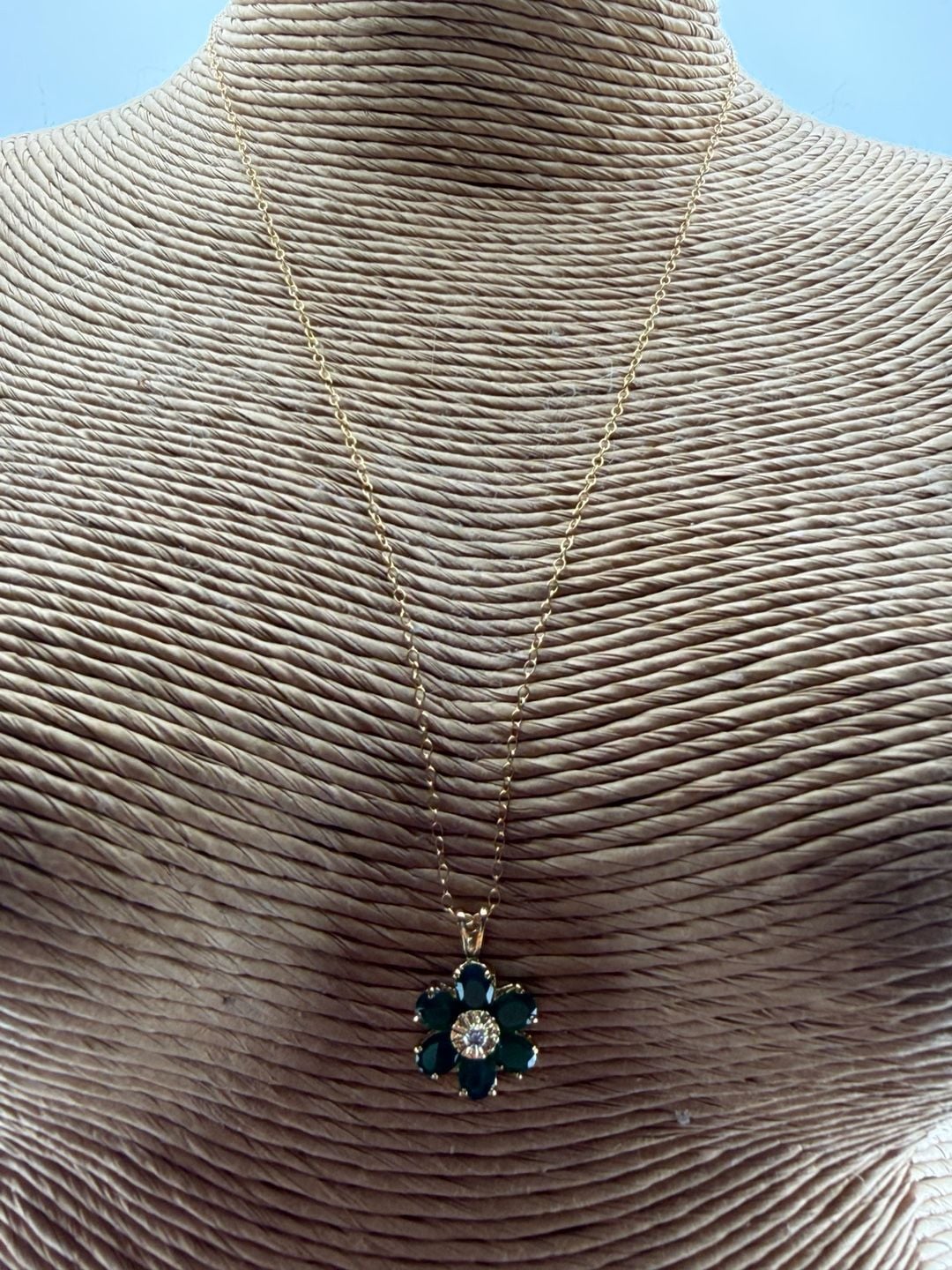 A.M.G. Green Agate & Diamond Flower Pendant Necklace Sterling Silver 5