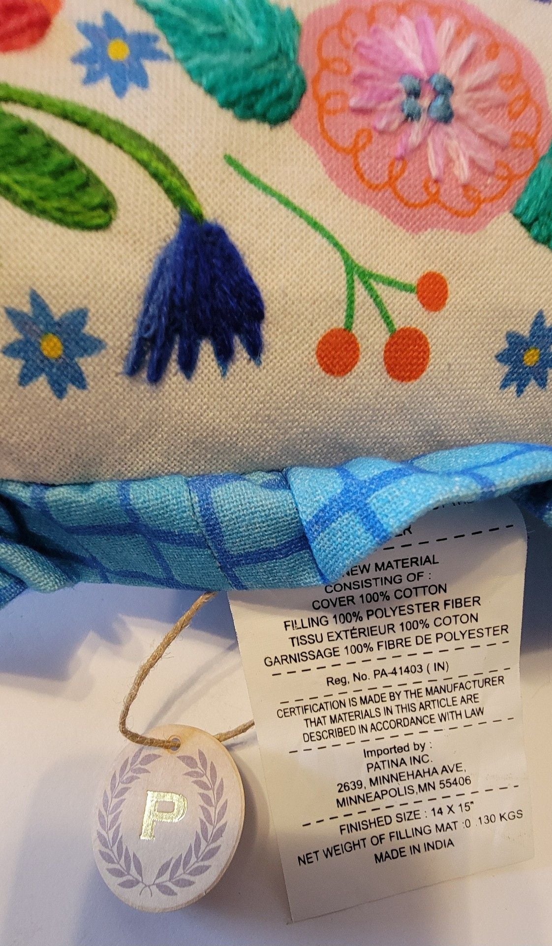 Patina V Bra Free Zone Heart Pillow Size 14" x 15" Embroidered Floral Gingham 8
