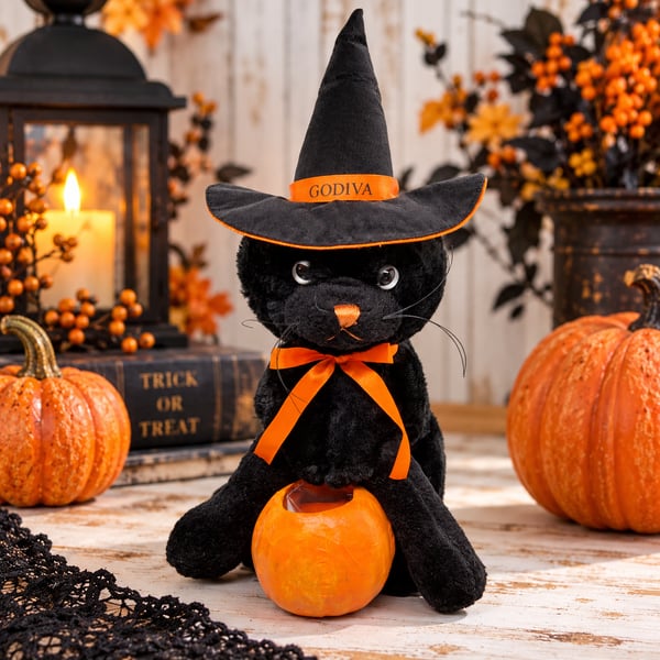 Godiva 13β Black Cat Plush Halloween Witch Hat Paper Mache Pumpkin Candy Bucket