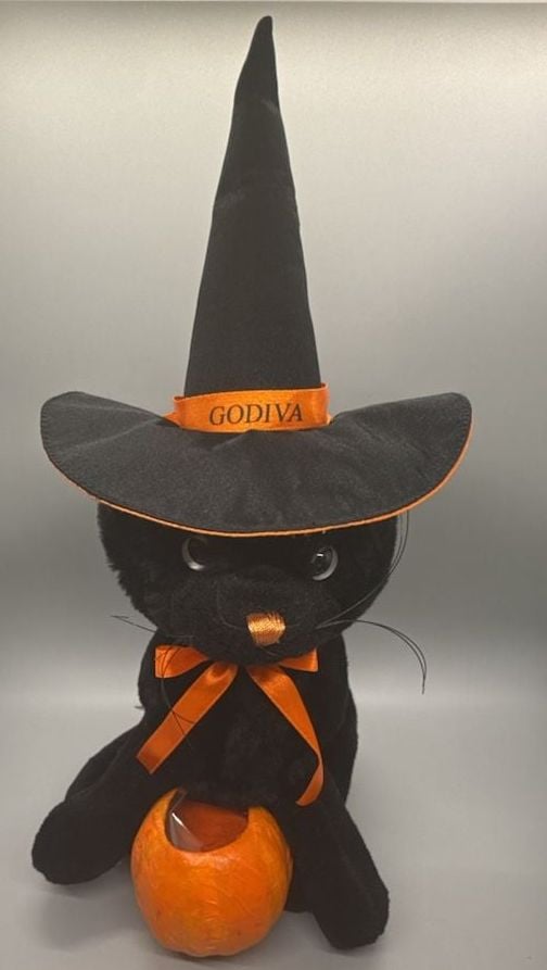 Godiva 13” Black Cat Plush Halloween Witch Hat Paper Mache Pumpkin Candy Bucket 3