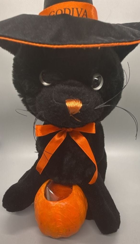 Godiva 13” Black Cat Plush Halloween Witch Hat Paper Mache Pumpkin Candy Bucket 6