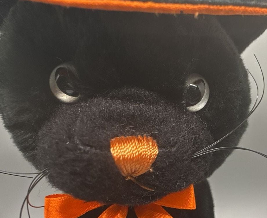 Godiva 13” Black Cat Plush Halloween Witch Hat Paper Mache Pumpkin Candy Bucket 5
