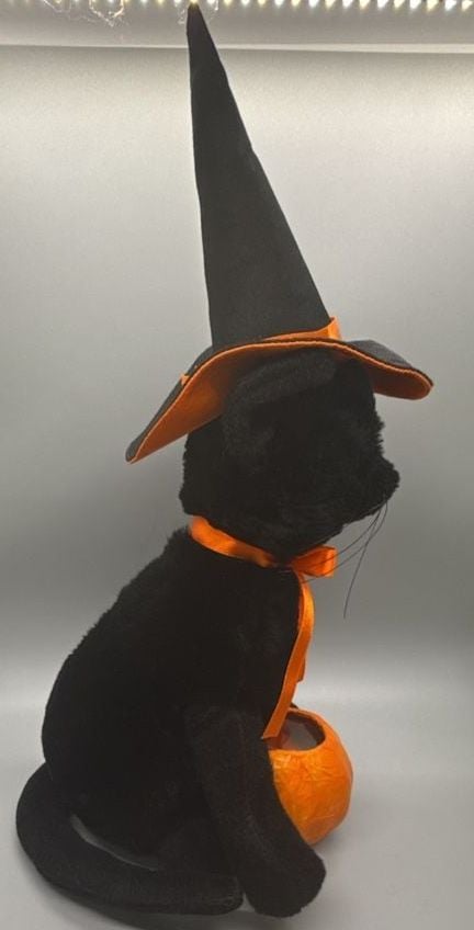 Godiva 13” Black Cat Plush Halloween Witch Hat Paper Mache Pumpkin Candy Bucket 7