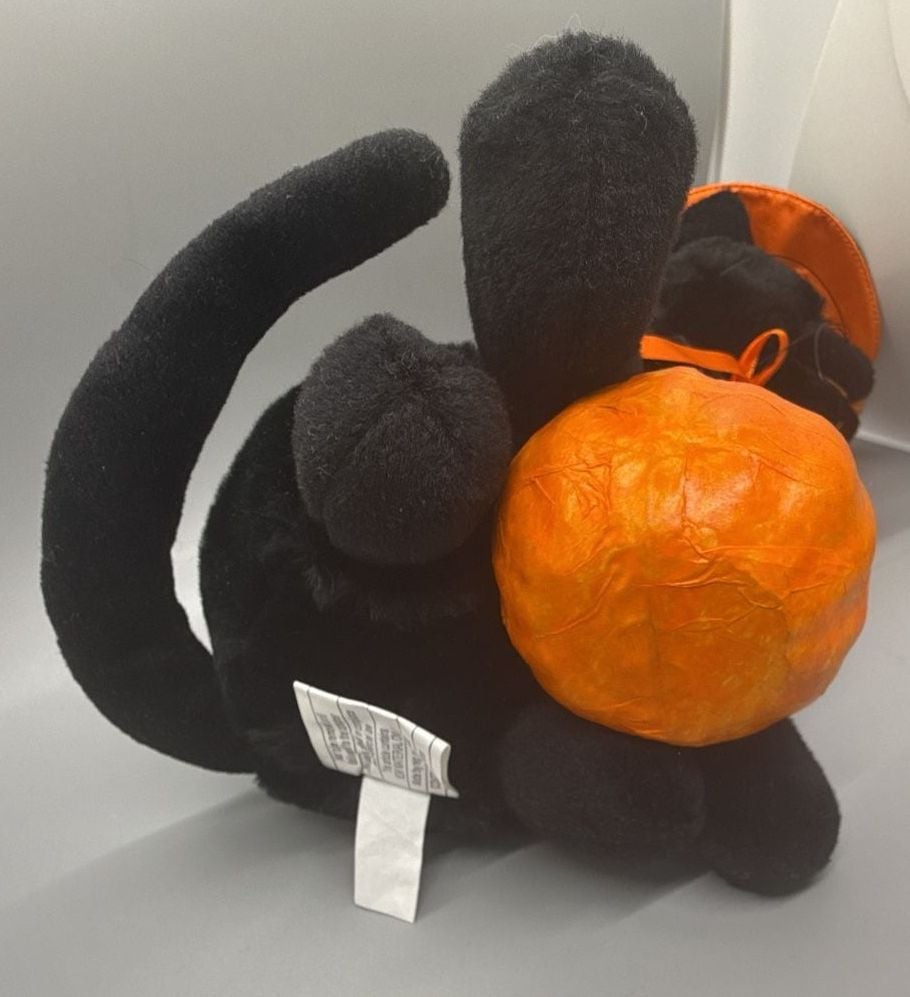 Godiva 13” Black Cat Plush Halloween Witch Hat Paper Mache Pumpkin Candy Bucket 10