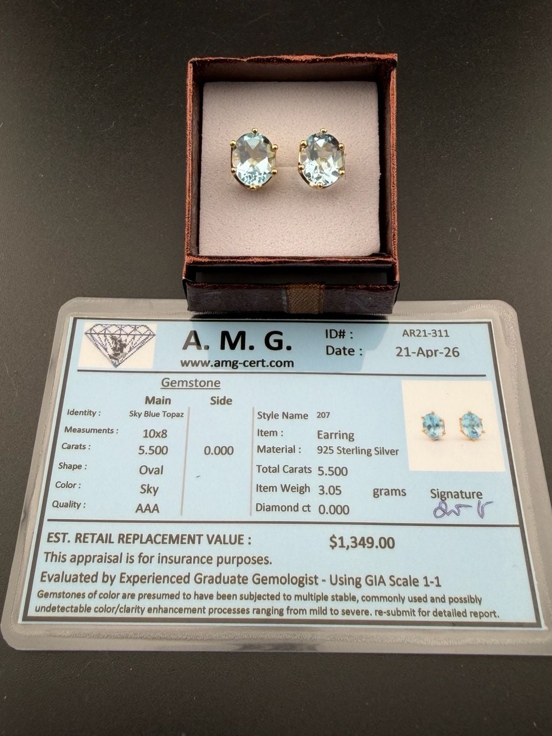 A. M. G. Sky Blue Topaz Earrings 5.500ct 925 Sterling Silver 10x8 2