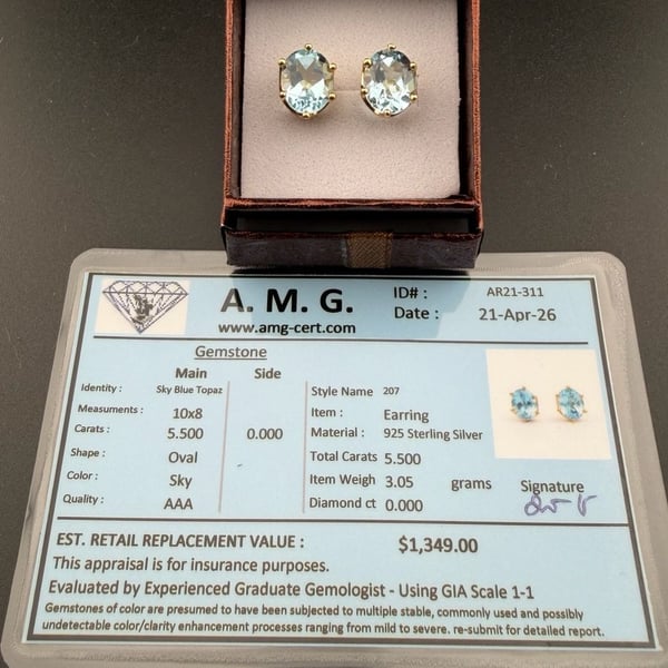 A. M. G. Sky Blue Topaz Earrings 5.500ct 925 Sterling Silver 10x8