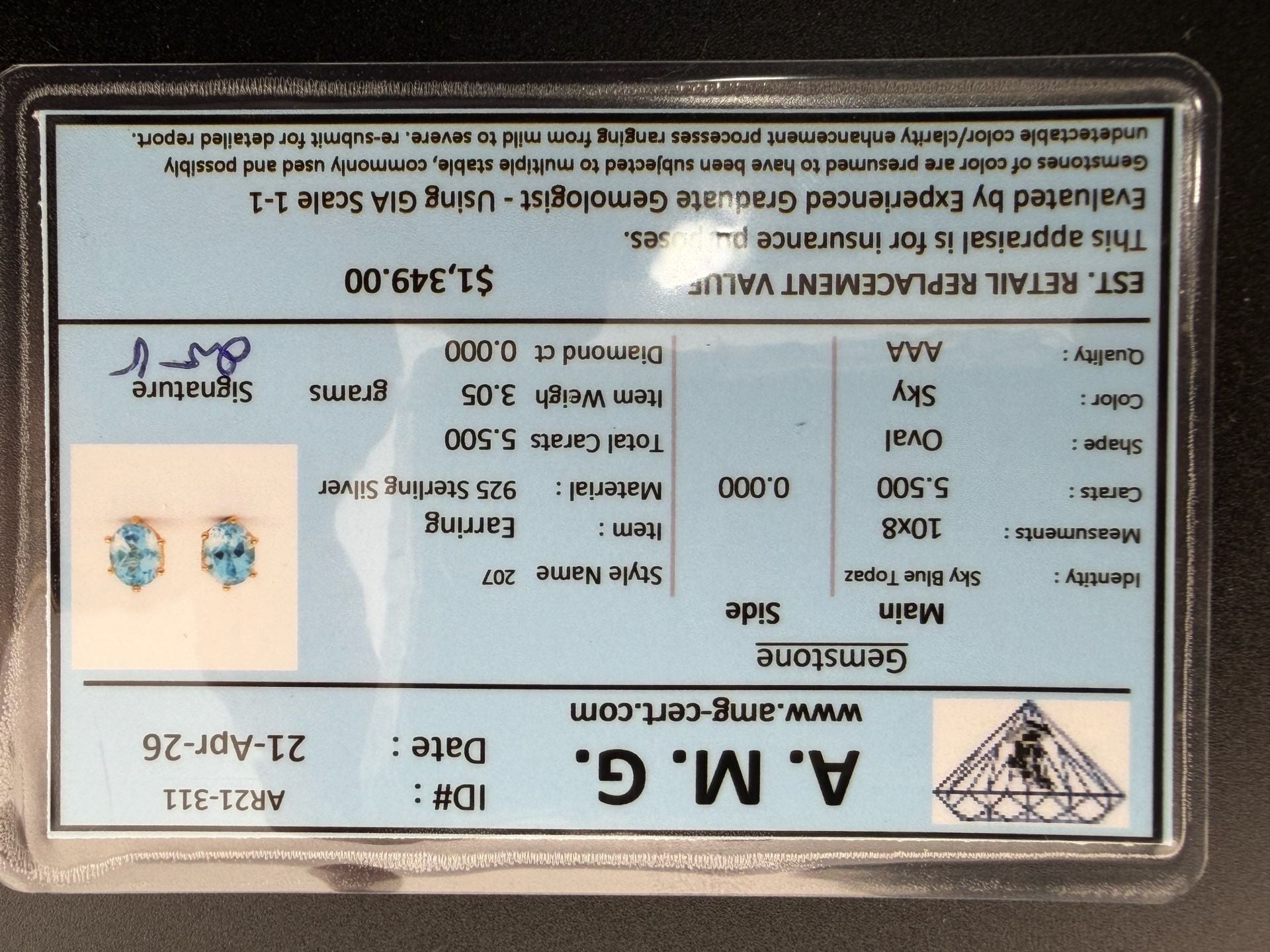 A. M. G. Sky Blue Topaz Earrings 5.500ct 925 Sterling Silver 10x8 5