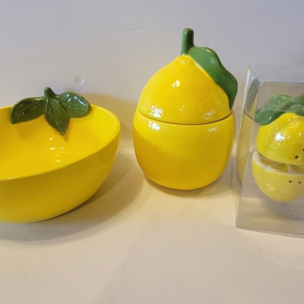 Ceramic Lemon Fruit Kitchen Decor Set Bowl Canister Salt and Pepper Shakers