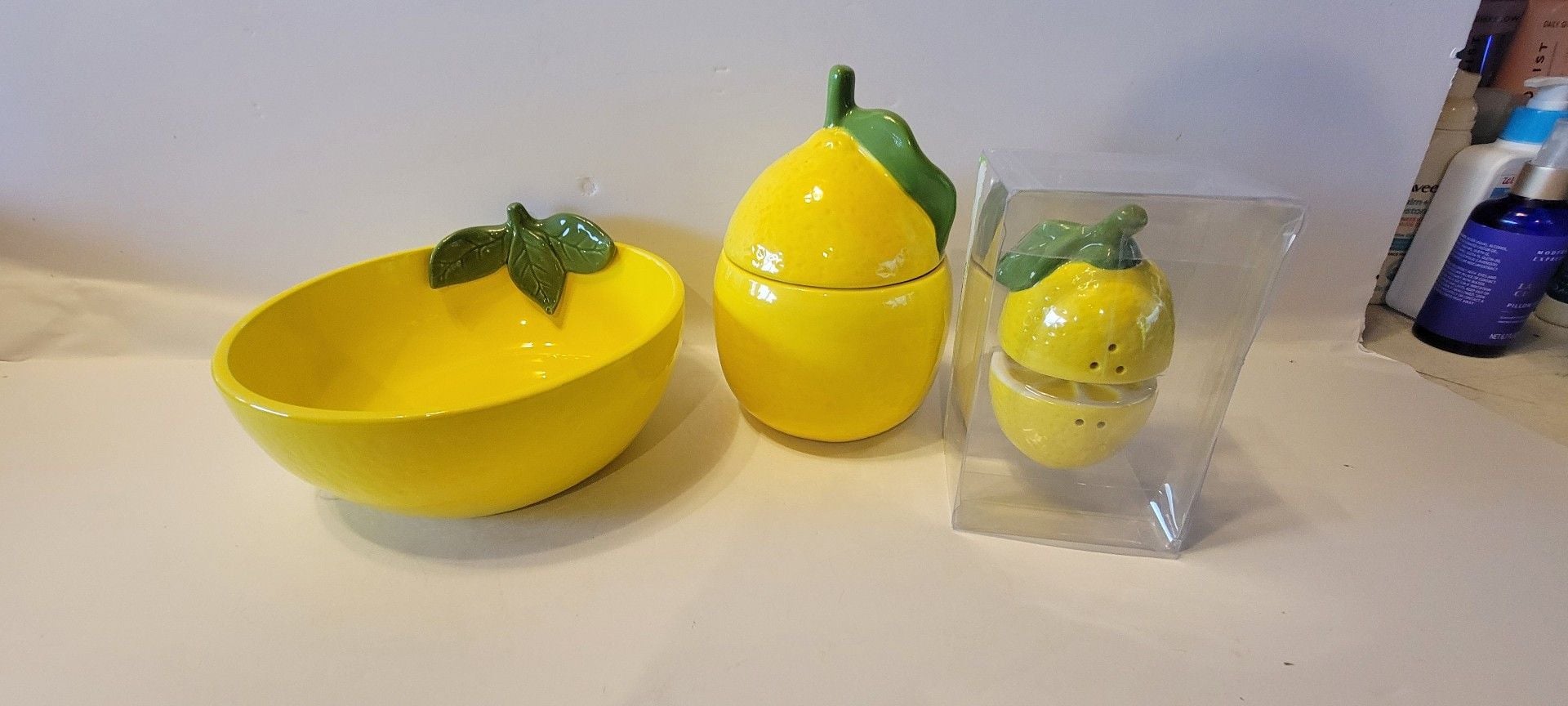 Ceramic Lemon Fruit Kitchen Decor Set Bowl Canister Salt and Pepper Shakers 3