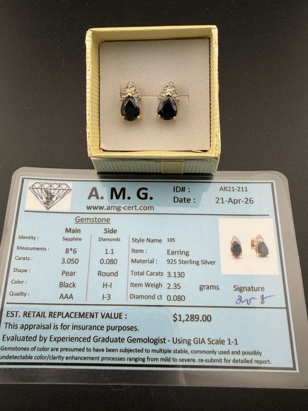 A. M. G. Sapphire Diamond Earrings Style 105 Sterling Silver Pear Black 2