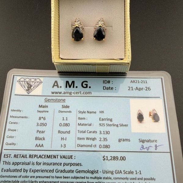 A. M. G. Sapphire Diamond Earrings Style 105 Sterling Silver Pear Black