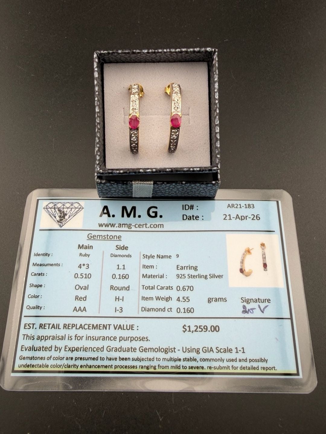 A. M. G. Ruby and Diamond Hoop Earrings 925 Sterling Silver 2
