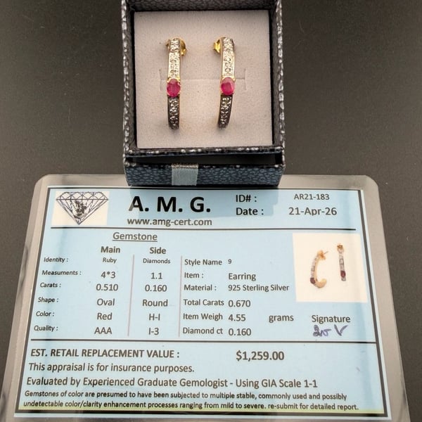 A. M. G. Ruby and Diamond Hoop Earrings 925 Sterling Silver