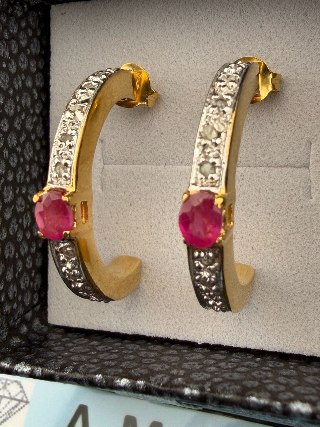 A. M. G. Ruby and Diamond Hoop Earrings 925 Sterling Silver 4