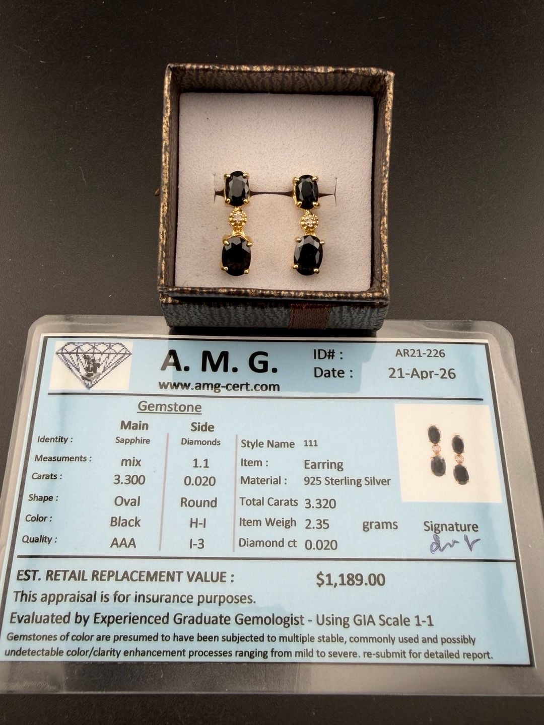 A.M.G. Black Sapphire and Diamond Earrings 925 Sterling Silver Style 111 2