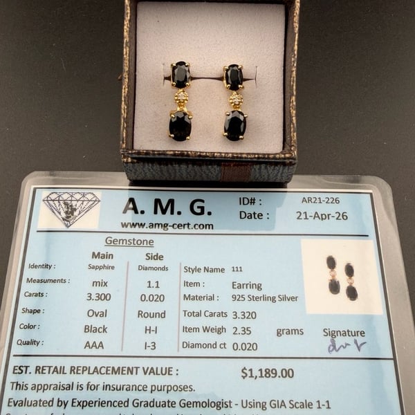 A.M.G. Black Sapphire and Diamond Earrings 925 Sterling Silver Style 111
