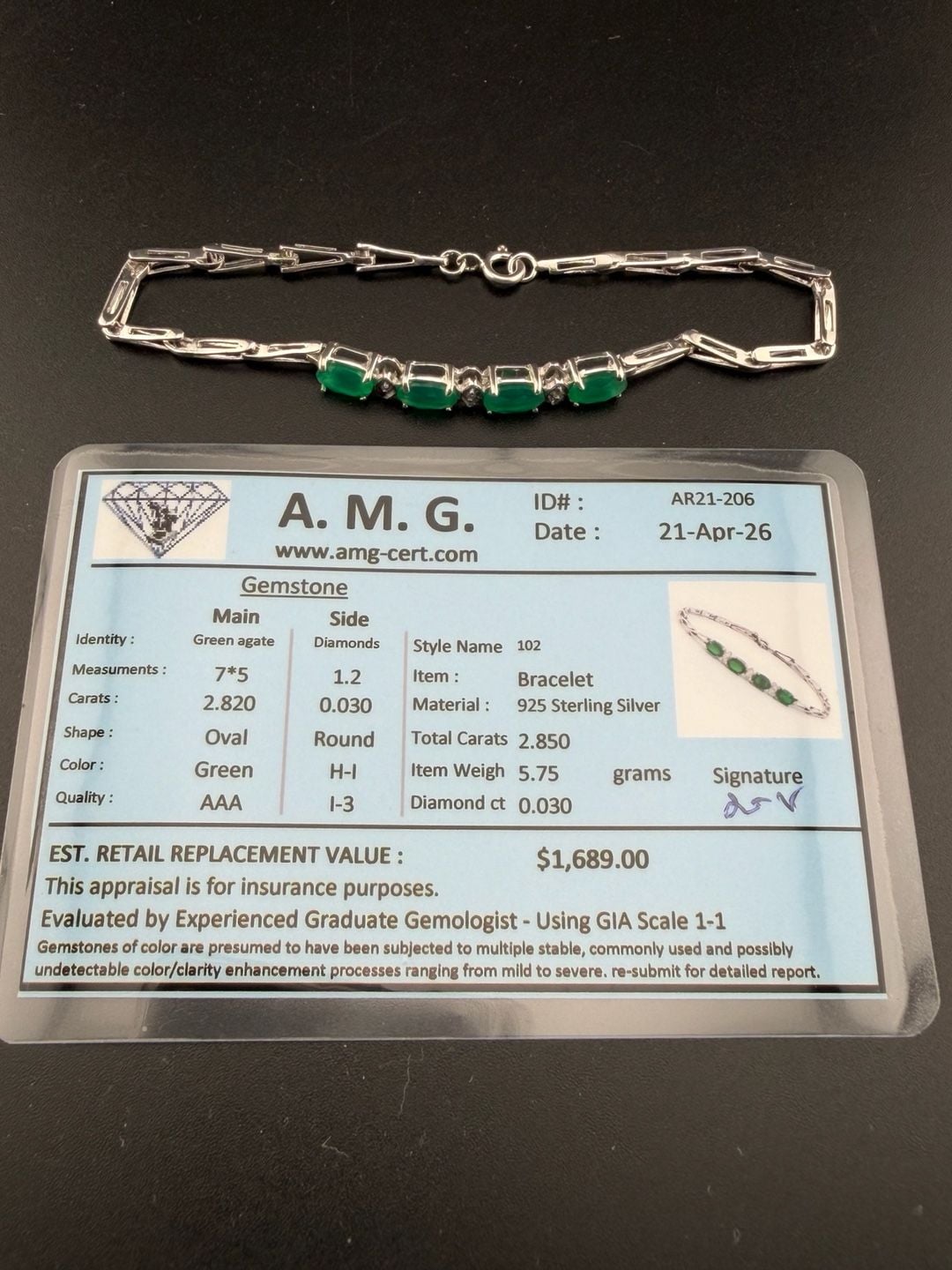 AMG 925 Sterling Silver Green Agate Diamond Bracelet 102 2