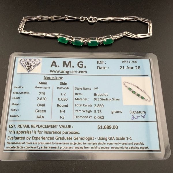 AMG 925 Sterling Silver Green Agate Diamond Bracelet 102