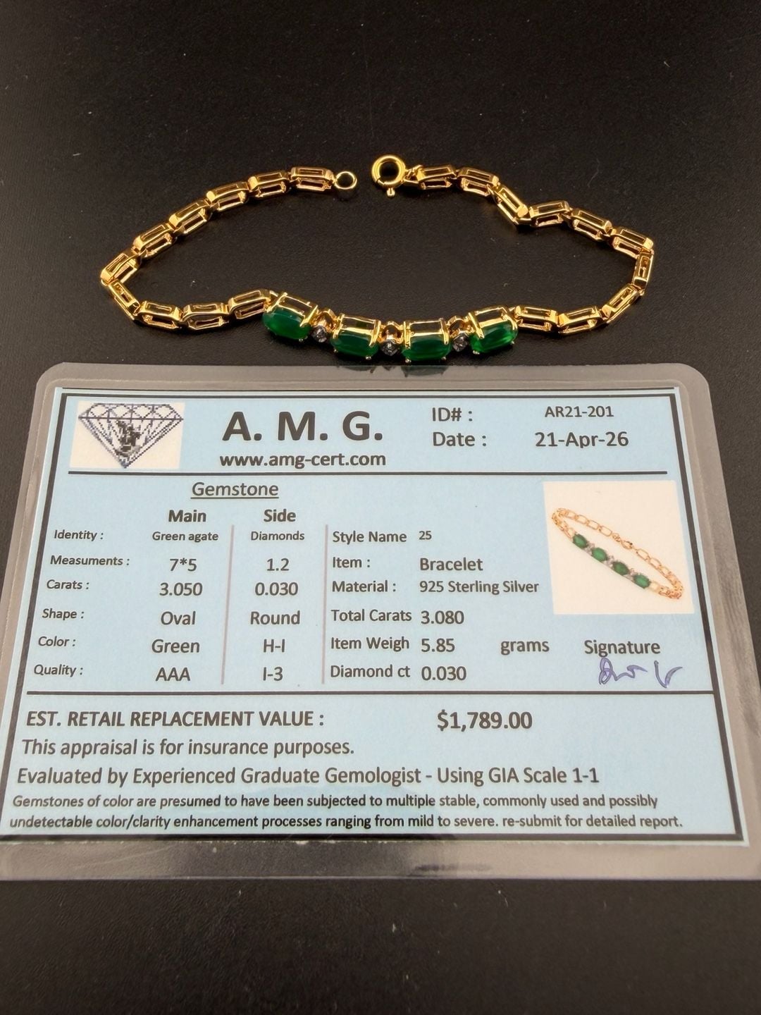 A. M. G. Green Agate And Diamond 925 Sterling Silver Bracelet 2