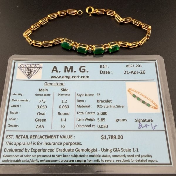 A. M. G. Green Agate And Diamond 925 Sterling Silver Bracelet