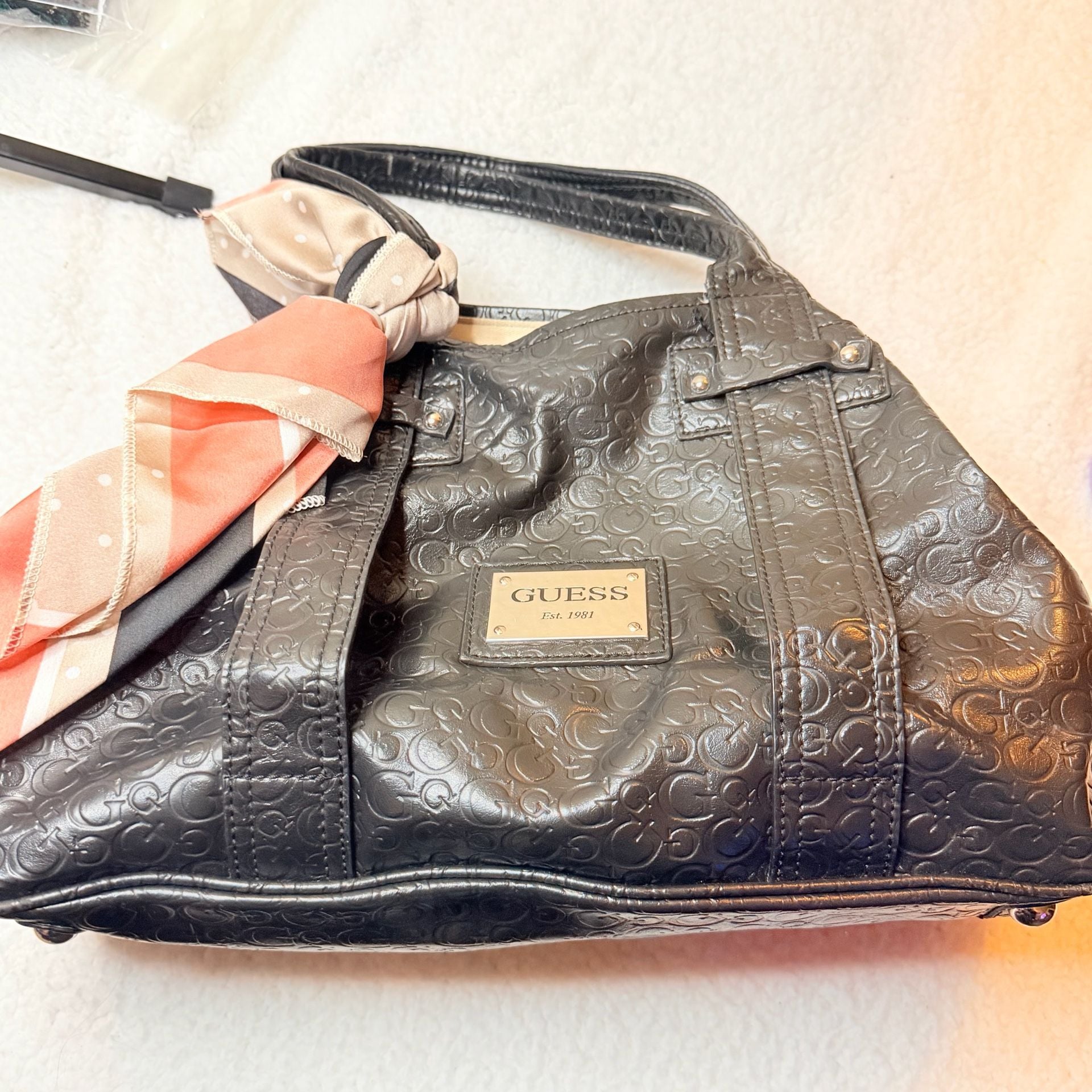 Guess Black Debossed Logo Tote Handbag With Scarf 1