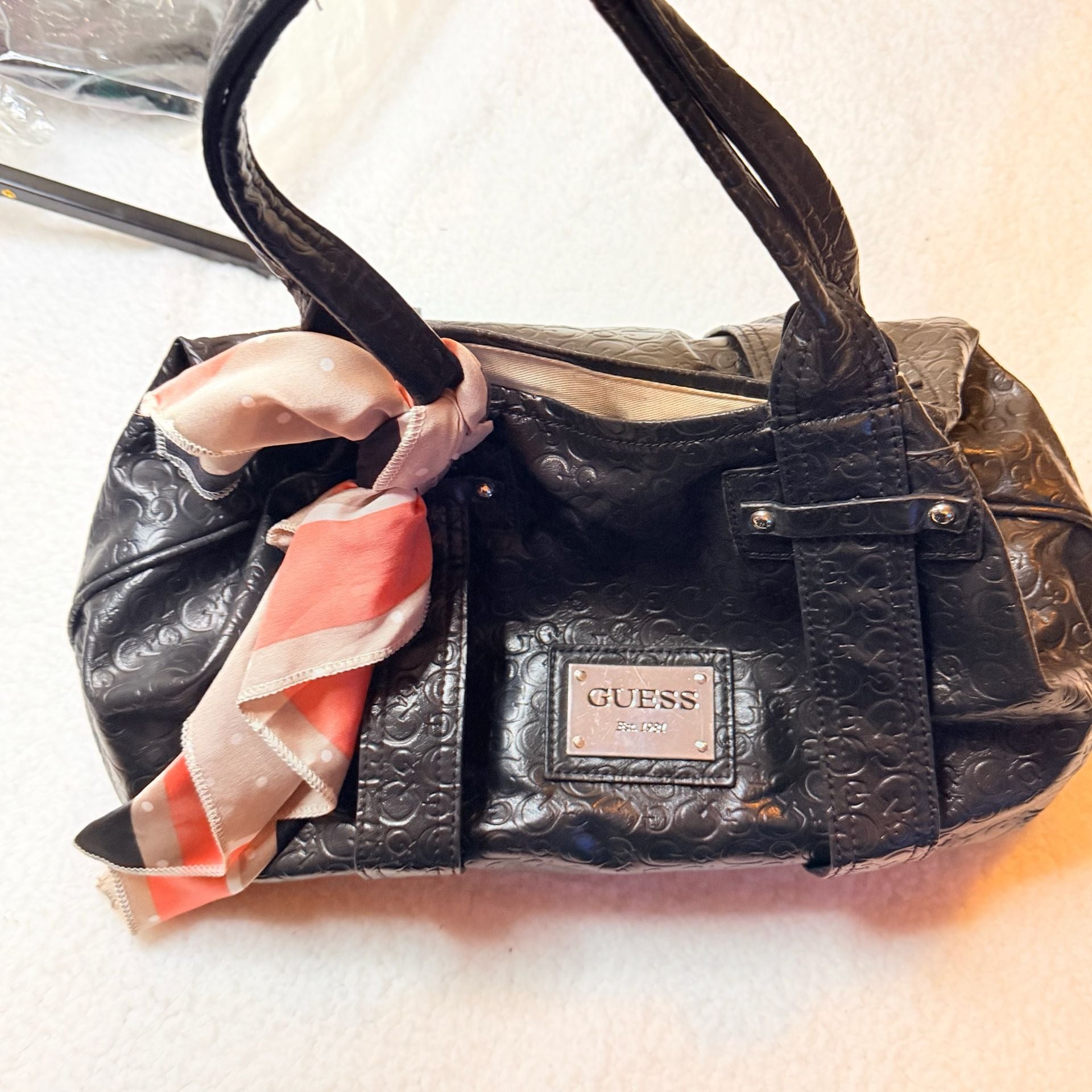 Guess Black Debossed Logo Tote Handbag With Scarf 2