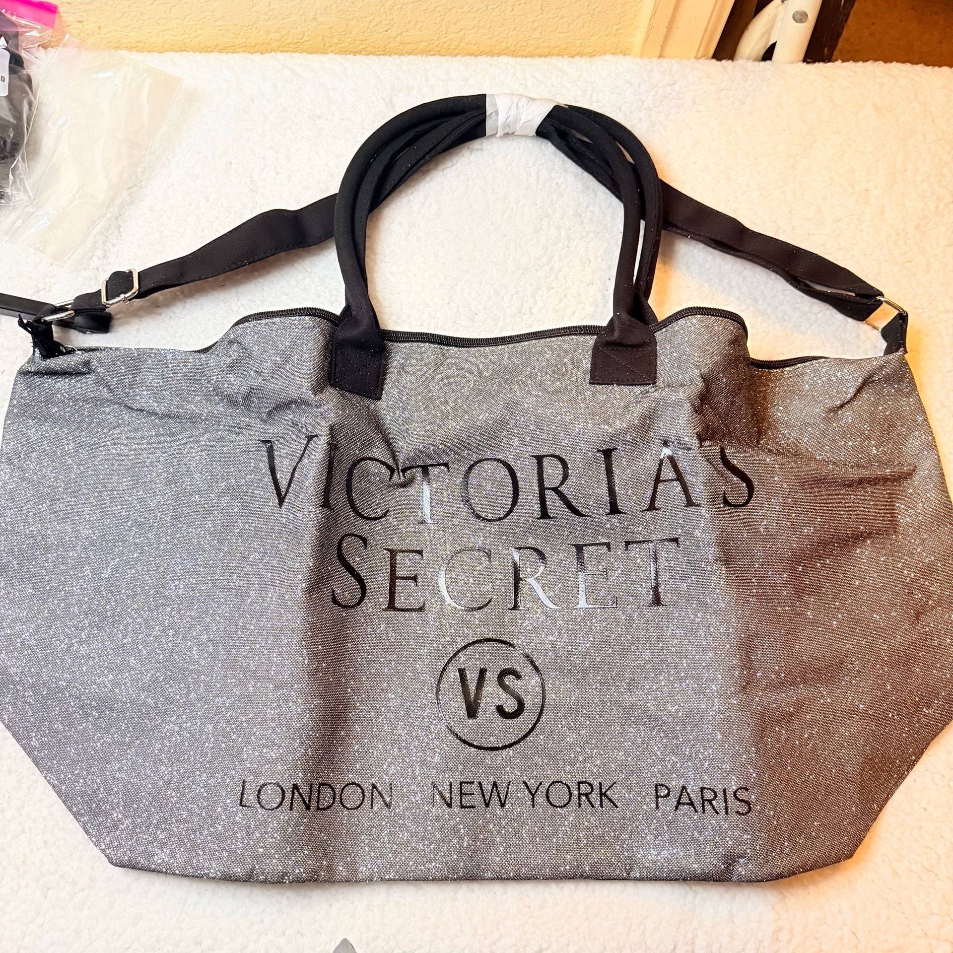 Victoria's Secret Glitter Weekender Duffel Bag Silver 2