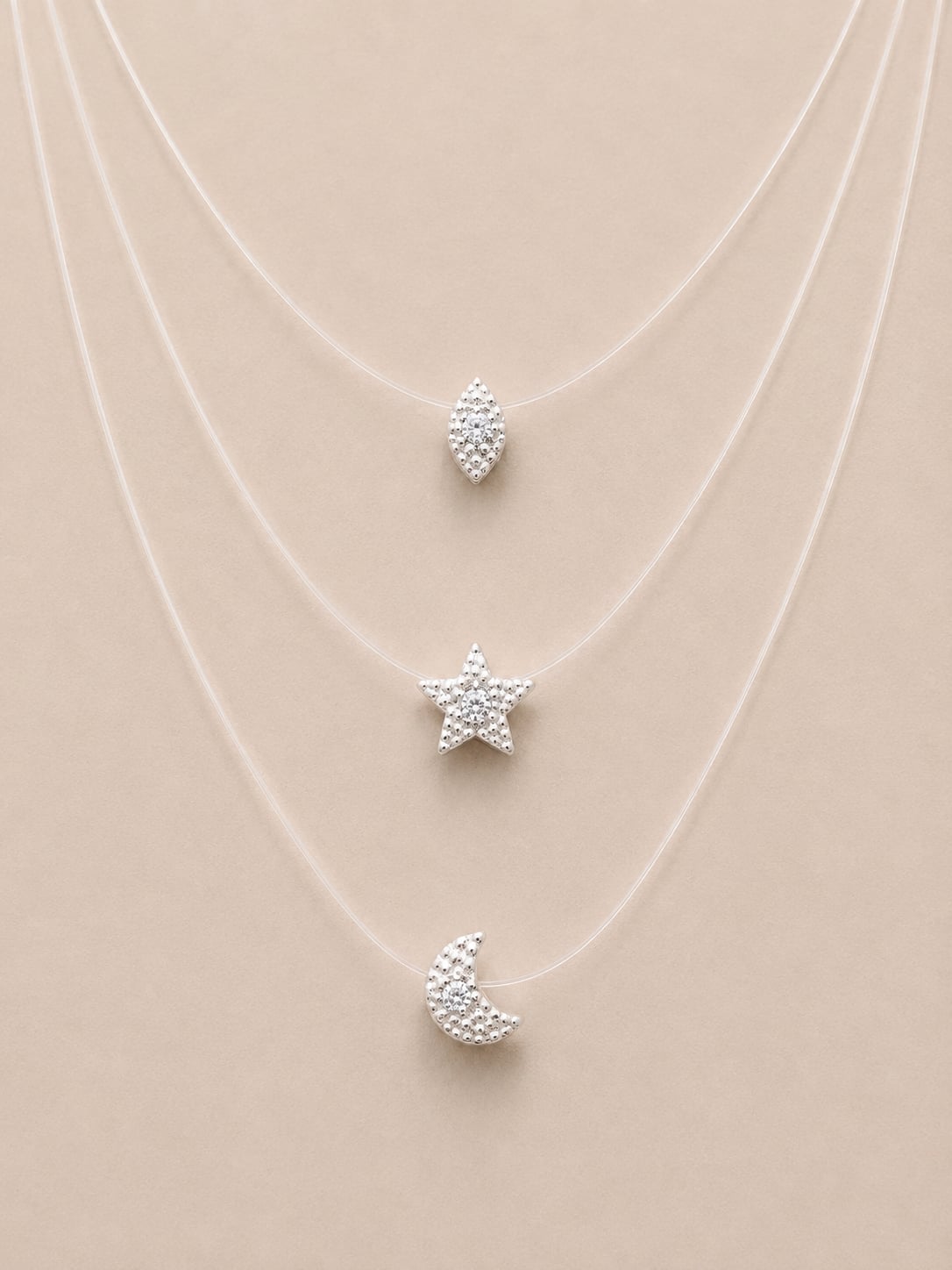 Invisible Floating Line Necklace with CZ Star Moon and Marquise Charms 2